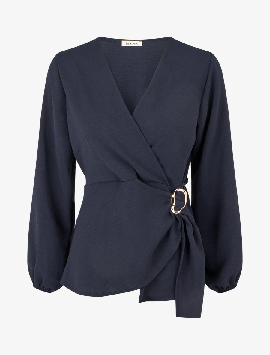 Blouse unie style portefeuille à col cache-coeur - Marine - 1