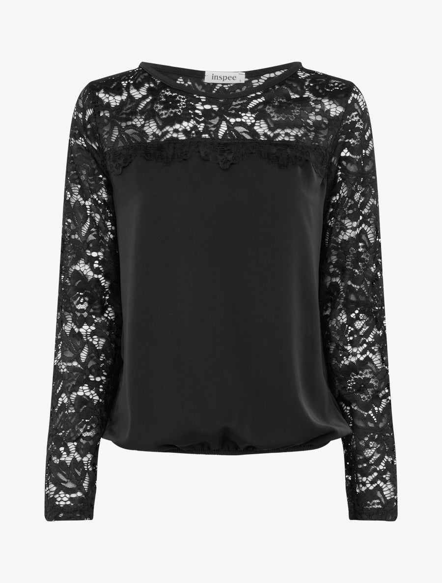 Top boule fluide satiné et dentelle - Noir - 1