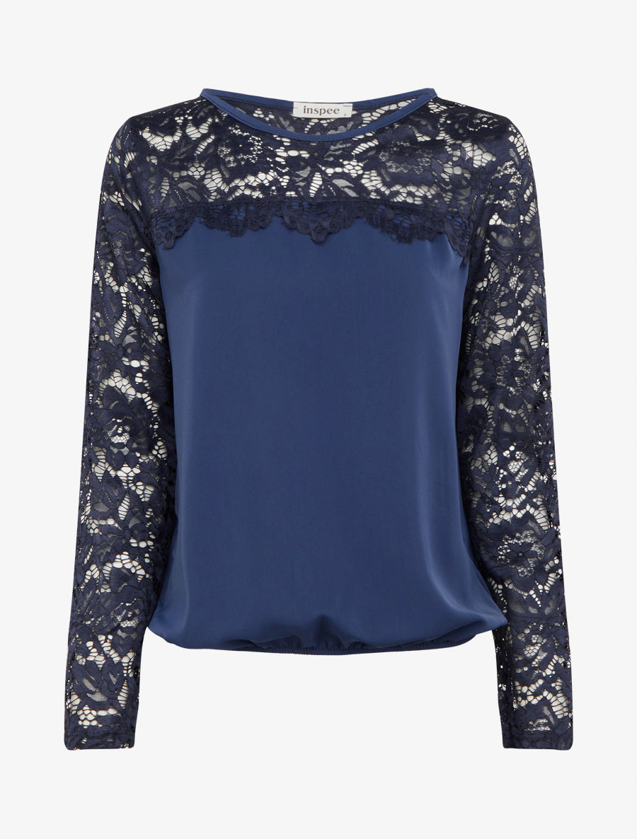Top boule fluide satiné et dentelle - Marine - 1