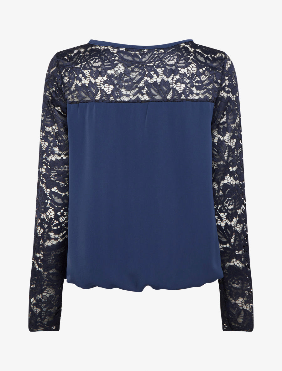 Top boule fluide satiné et dentelle - Marine - 2