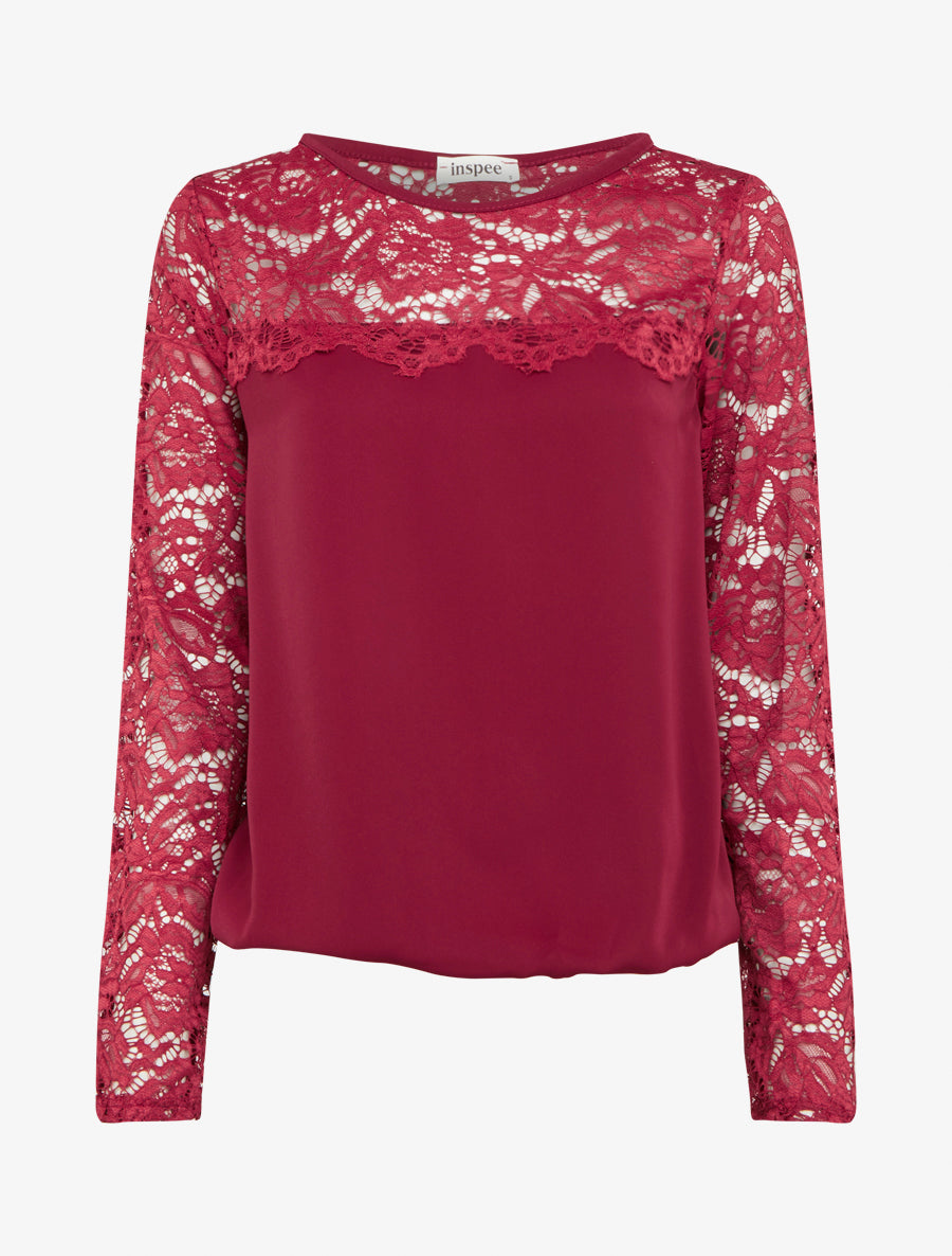 Top boule fluide satiné et dentelle - Rouge cerise - 1