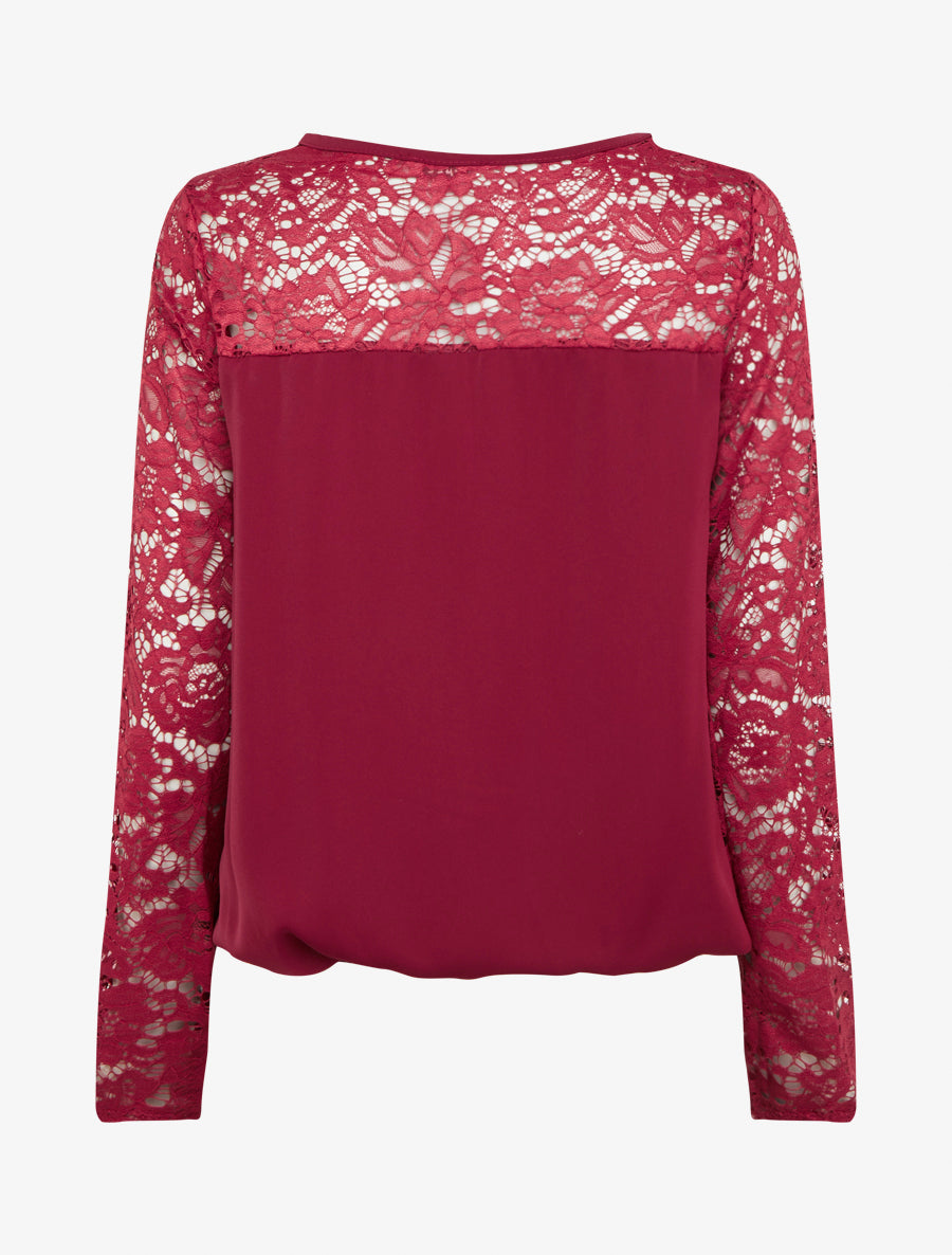 Top boule fluide satiné et dentelle - Rouge cerise - 2