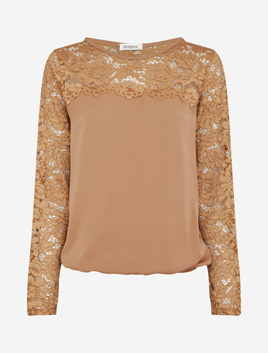Top boule fluide satiné et dentelle - Taupe - 1
