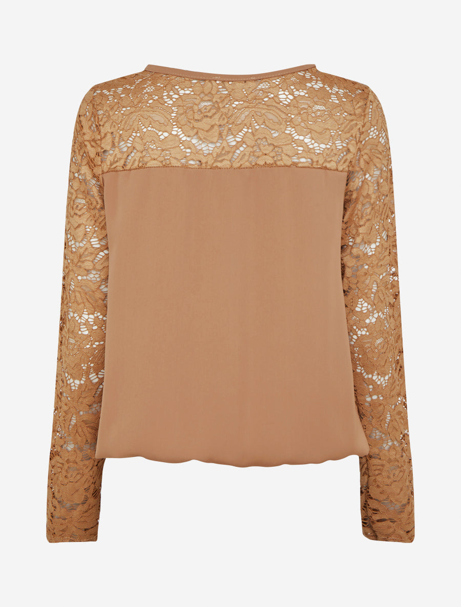 Top boule fluide satiné et dentelle - Taupe - 2