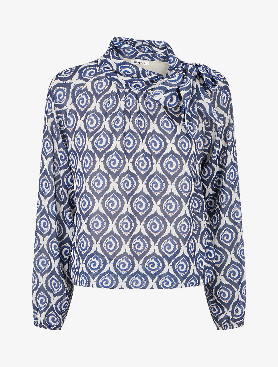 Top imprimé fantaisie à col lavallière - Marine - 1