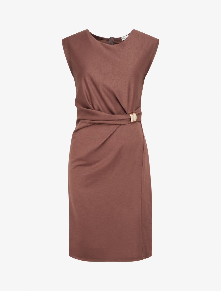 Robe droite drapée à empiècement bijou - Marron - 1