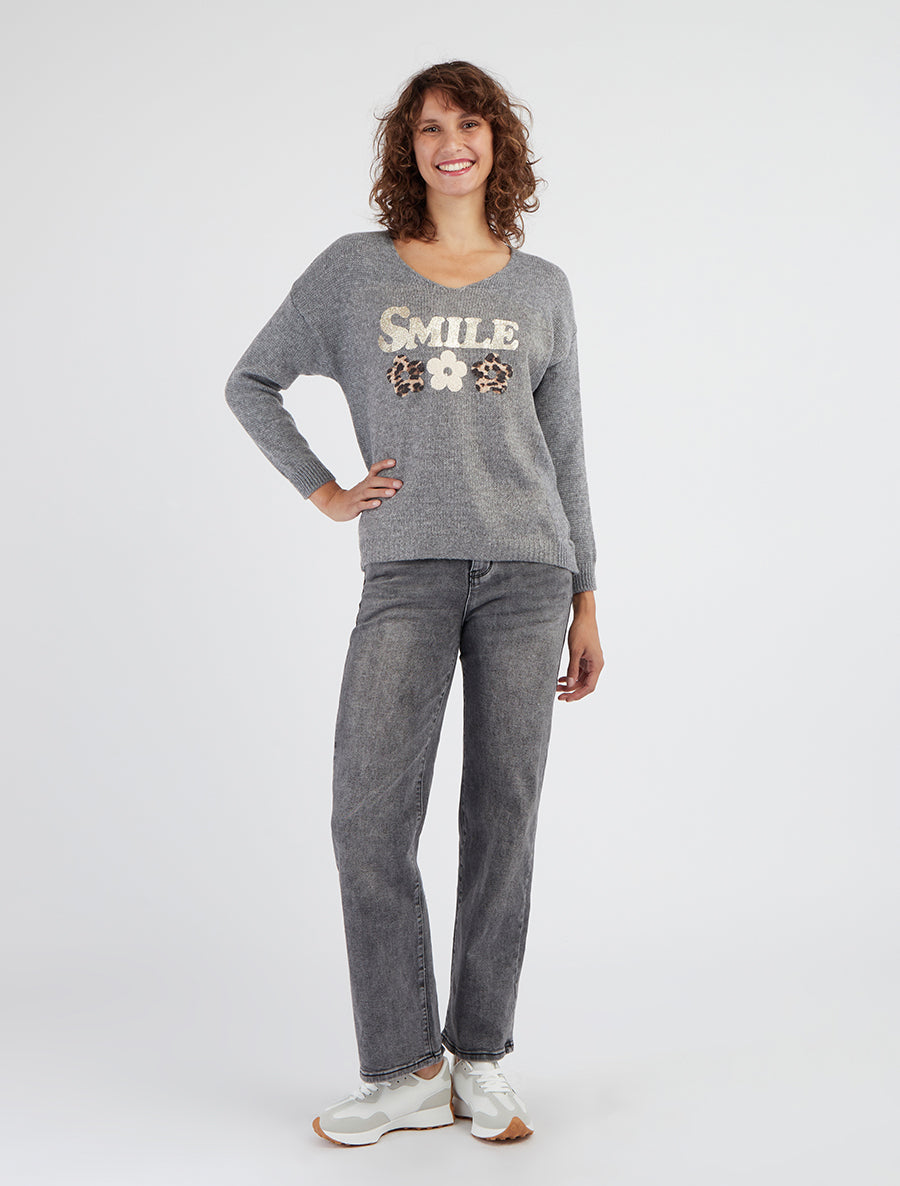 Maglione semplice in maglia con floccatura - Grigio