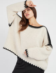 Maglione in maglia unito con bande a contrasto. - Beige