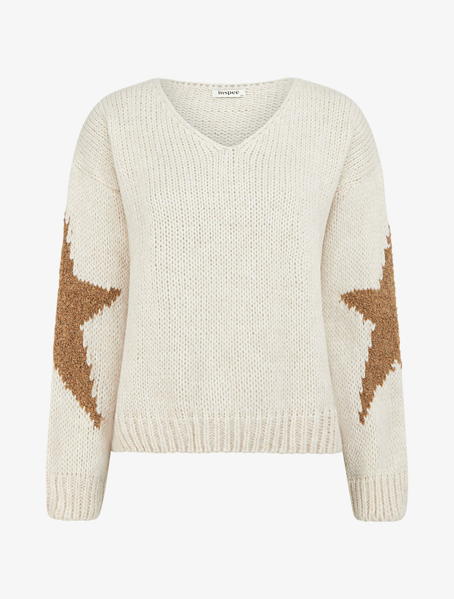 Pull en maille uni à motifs étoiles - Beige - 1