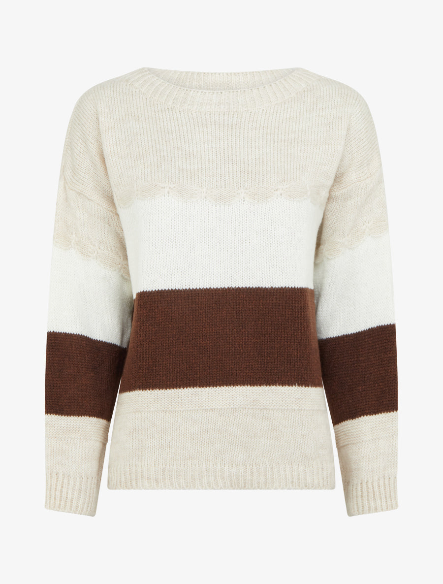 Pull rayé à col rond - Beige - 1