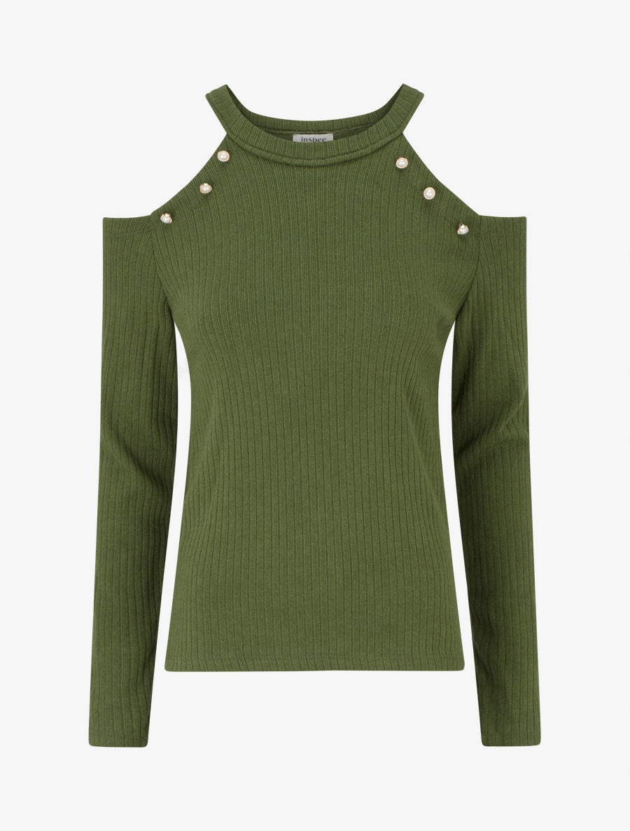 Pull côtelé à épaules dénudées - Kaki - 1