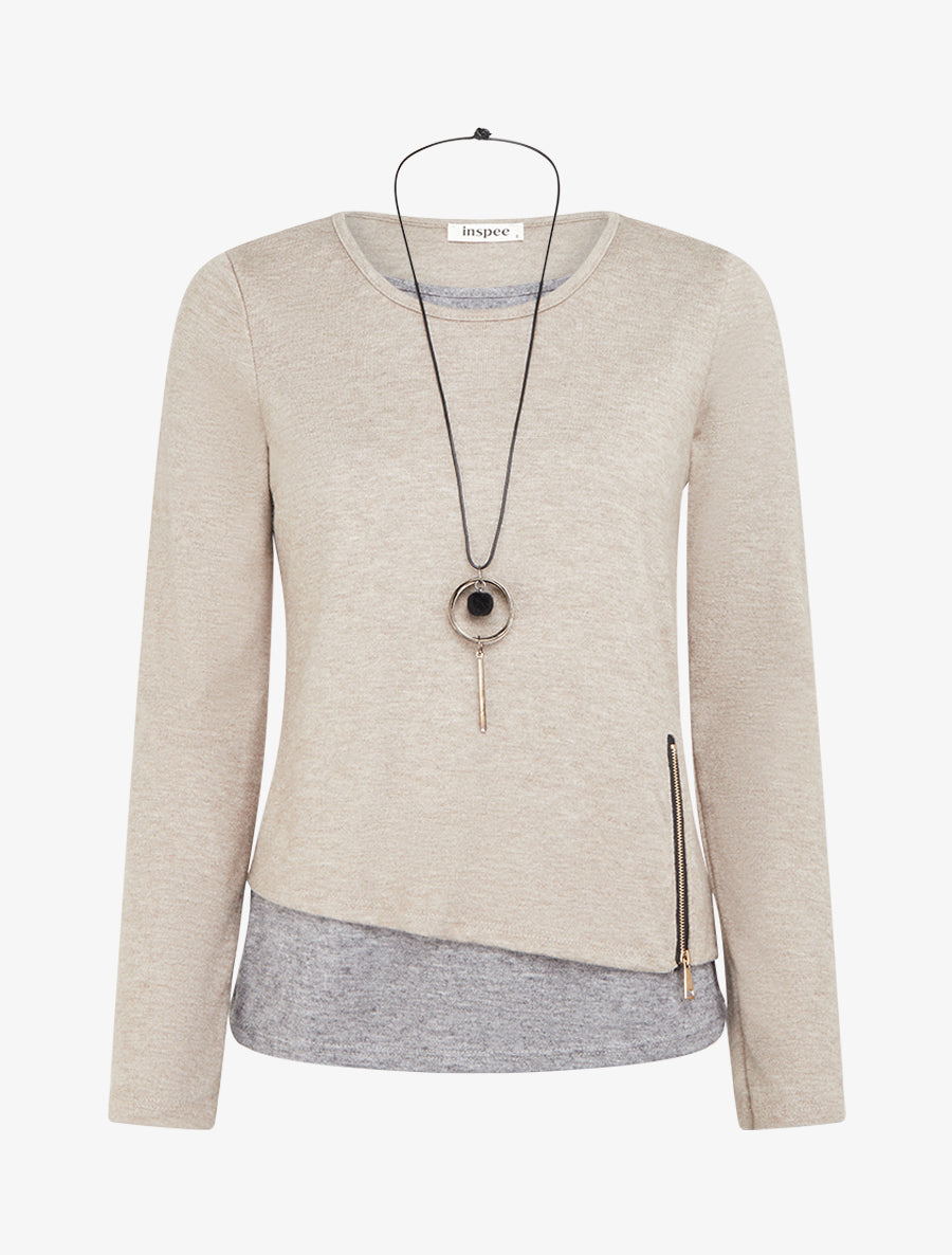 Pull bicolore zippé sur le côté - Taupe/gris - 1