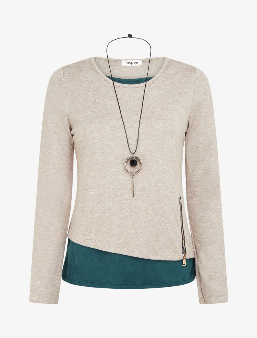 Pull bicolore zippé sur le côté - Taupe/vert sapin - 1