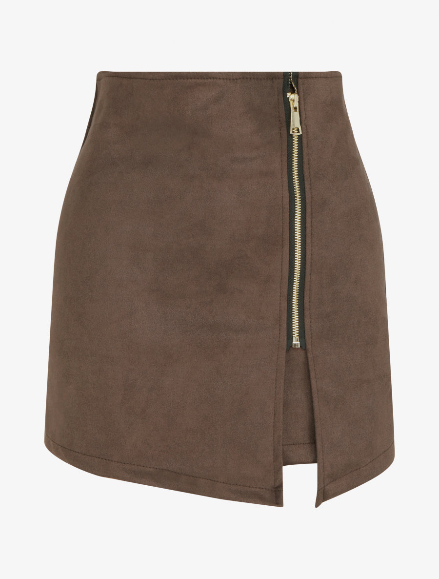 Gonna pantaloncino con zip in camoscio - Marrone
