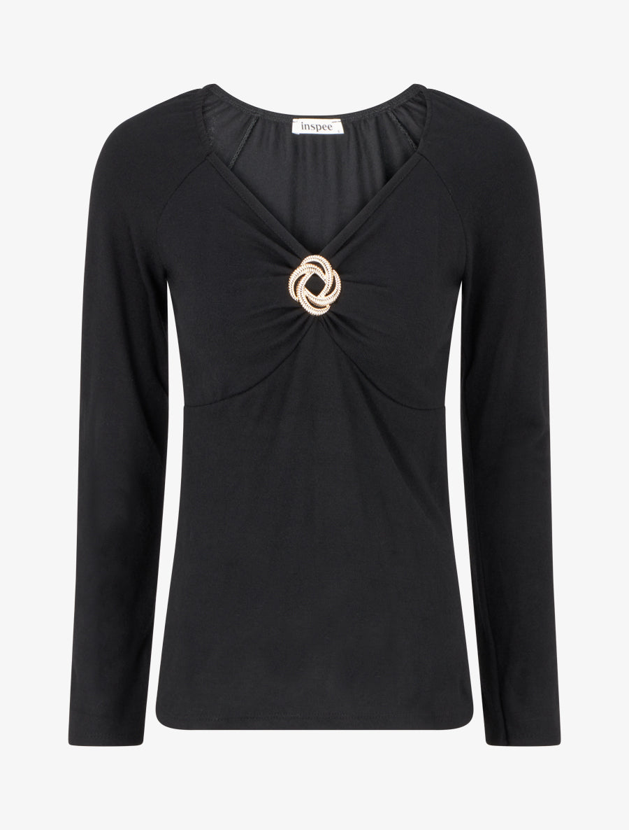 Pull fin uni à empiècement bijou - Noir - 1