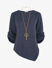 Pull fin asymétrique à manches longues retroussables - Marine - 1