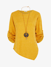 Pull fin asymétrique à manches longues retroussables - Jaune moutarde - 1