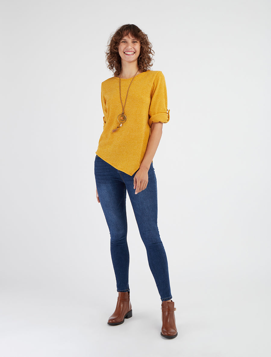 Maglia sottile asimmetrica a maniche lunghe arrotolabili. - Giallo senape