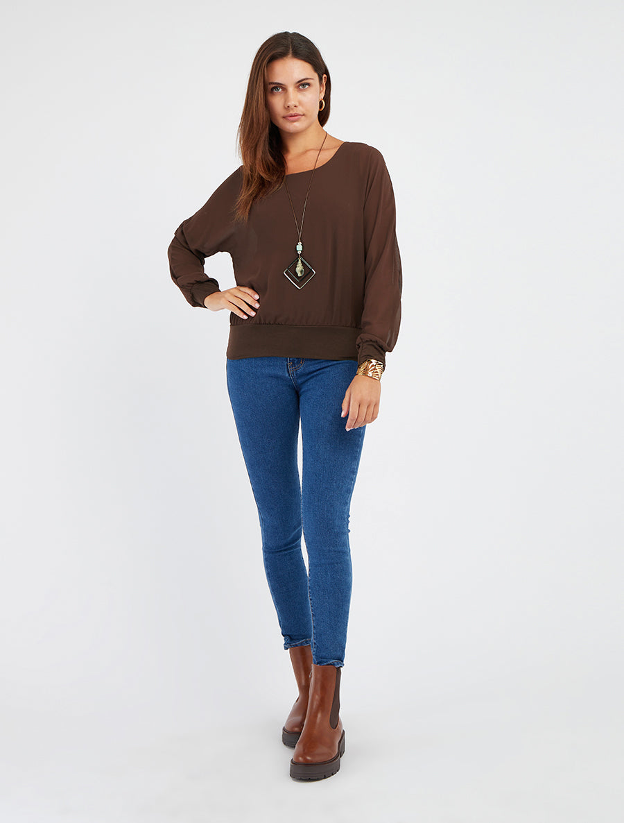 Blusa unita in voile a maniche lunghe - Marrone
