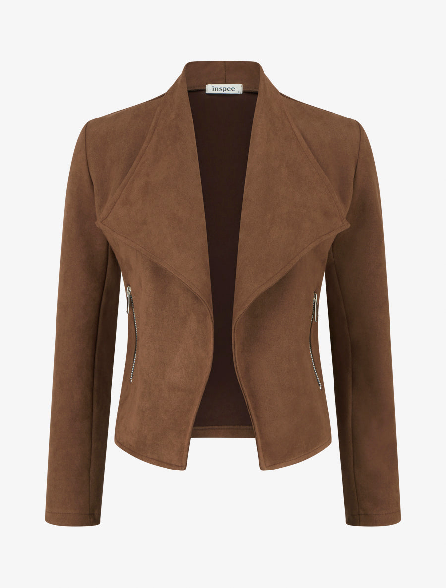 Veste en suédine à poches décoratives zippées - Marron - 1