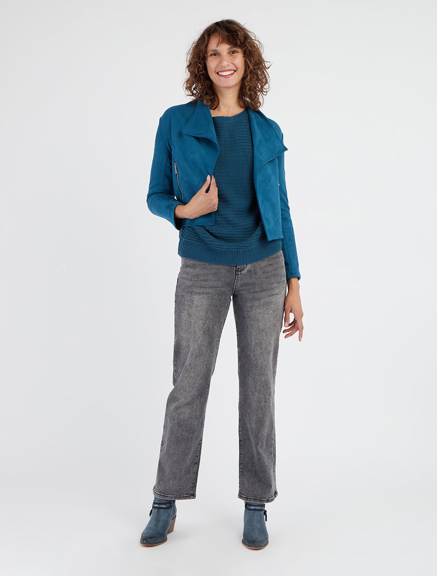 Giacca in camoscio sintetico con tasche decorative con zip - Blu petrolio