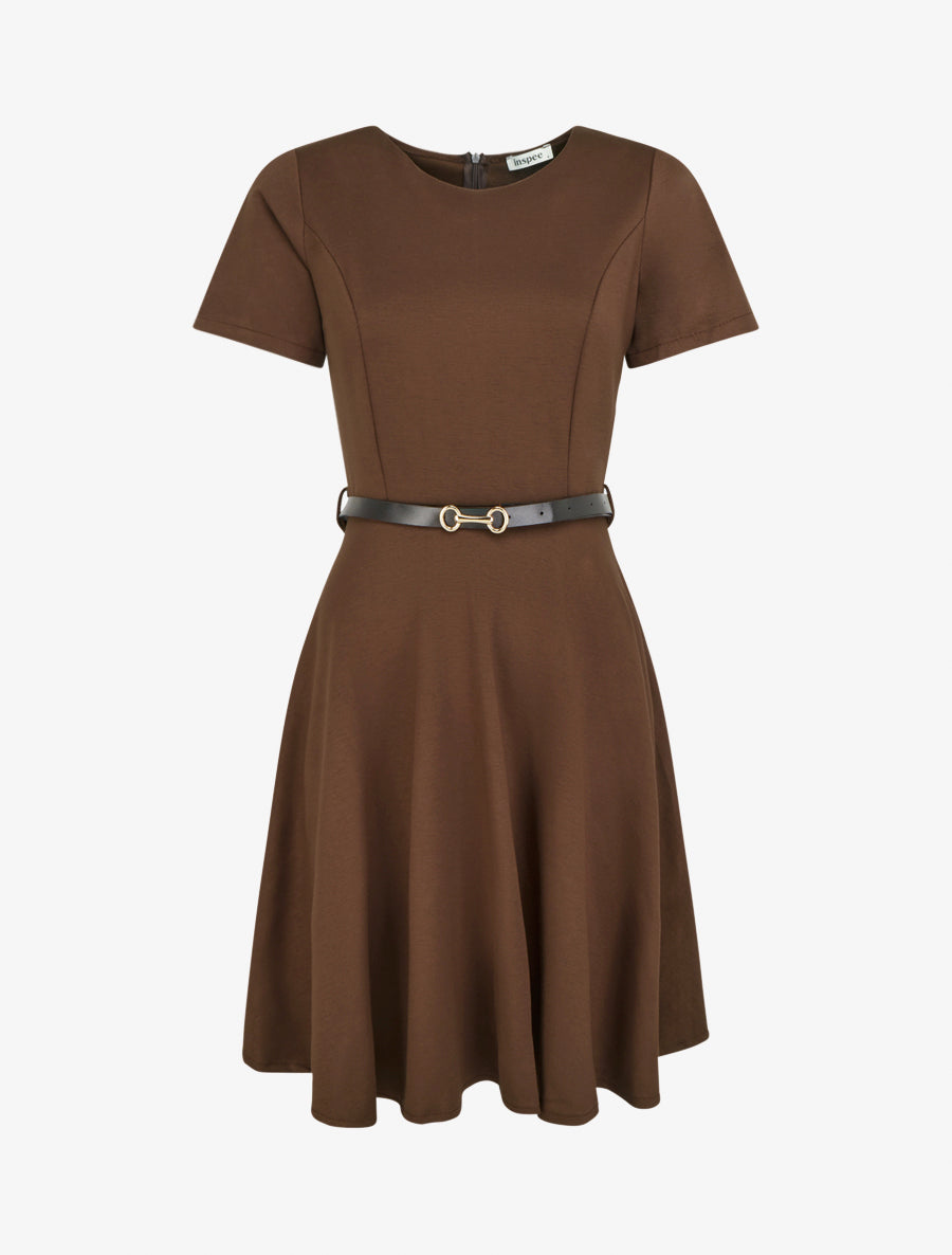 Robe patineuse unie à manches courtes - Marron - 1