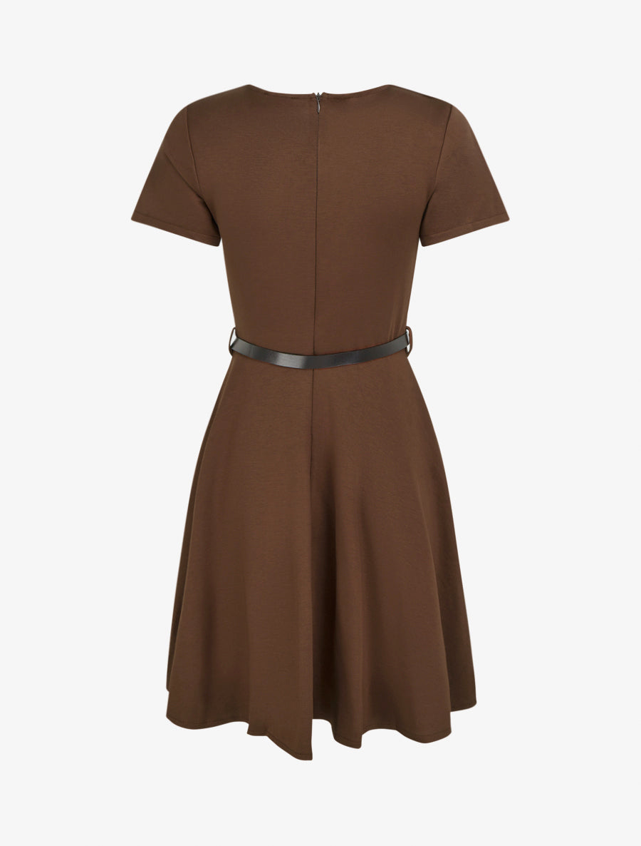 Robe patineuse unie à manches courtes - Marron - 2