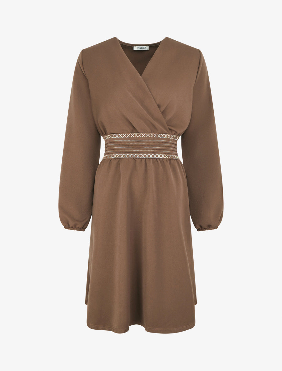 Robe uni cache-coeur à bande stylisée - Chocolat - 1