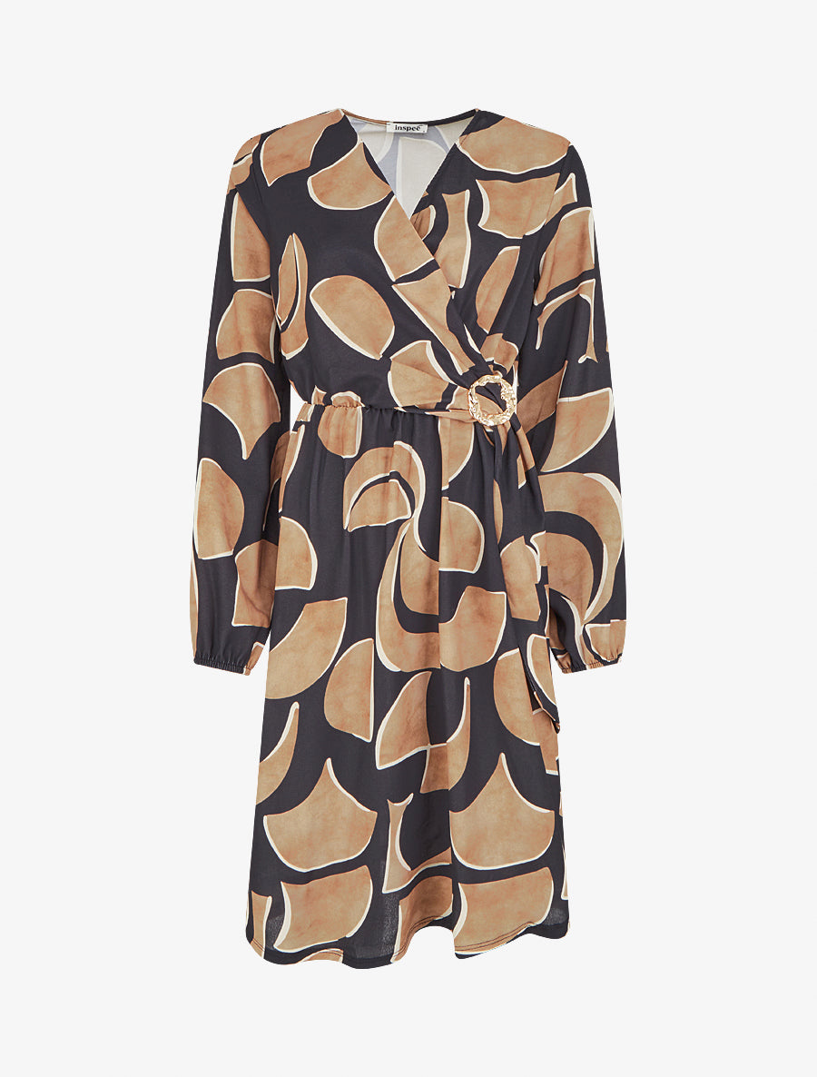 Robe élastiquée imprimé abstrait - Noir - 1