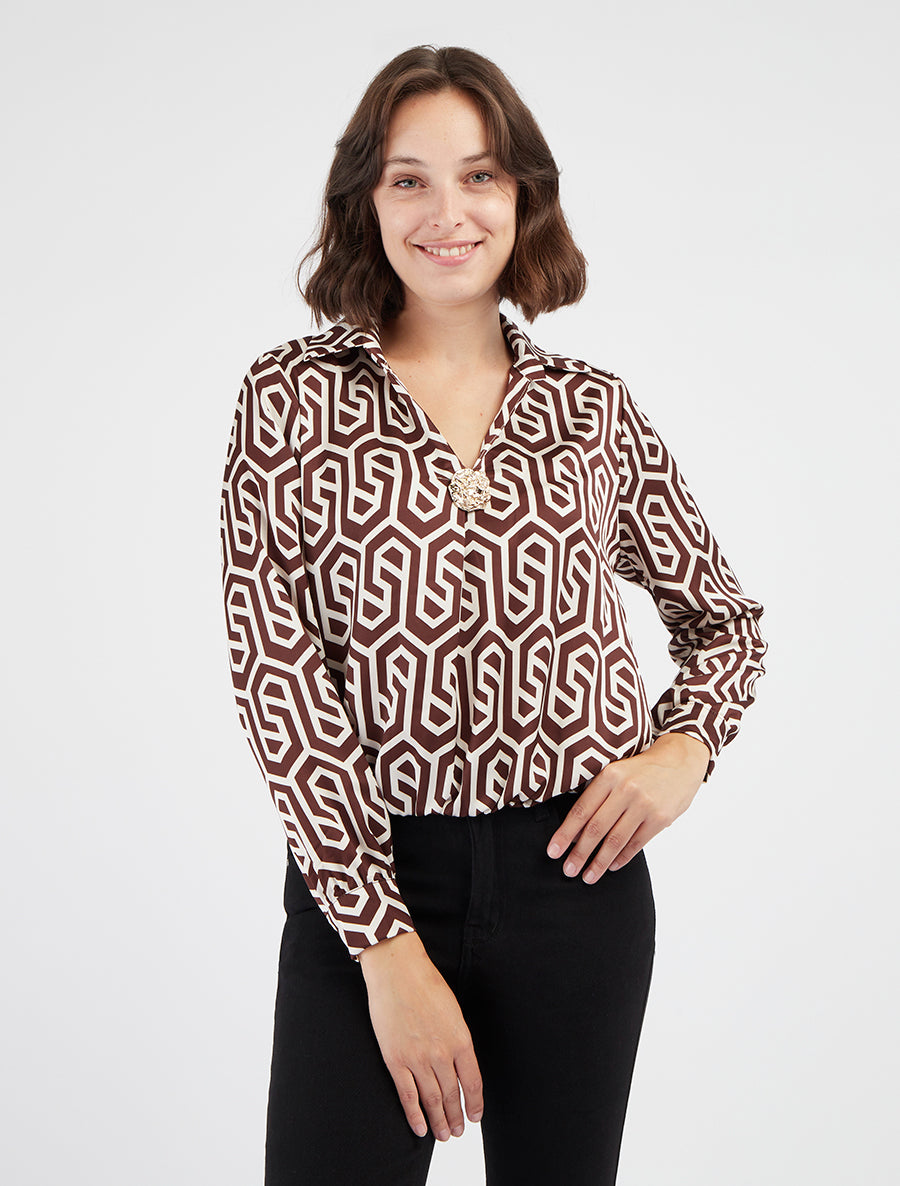 Camicia satinata stampa retrò - Marrone