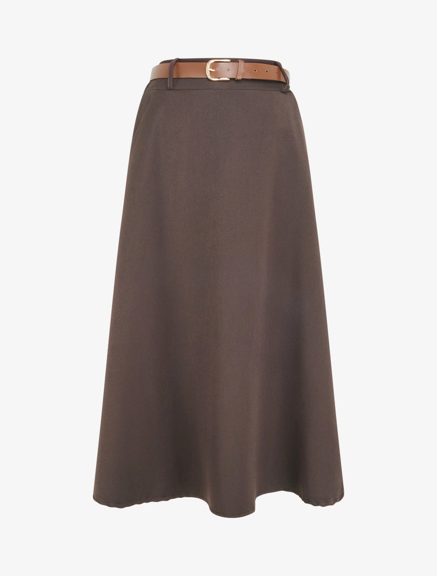 Jupe mi-longue unie ceinturée - Marron - 1