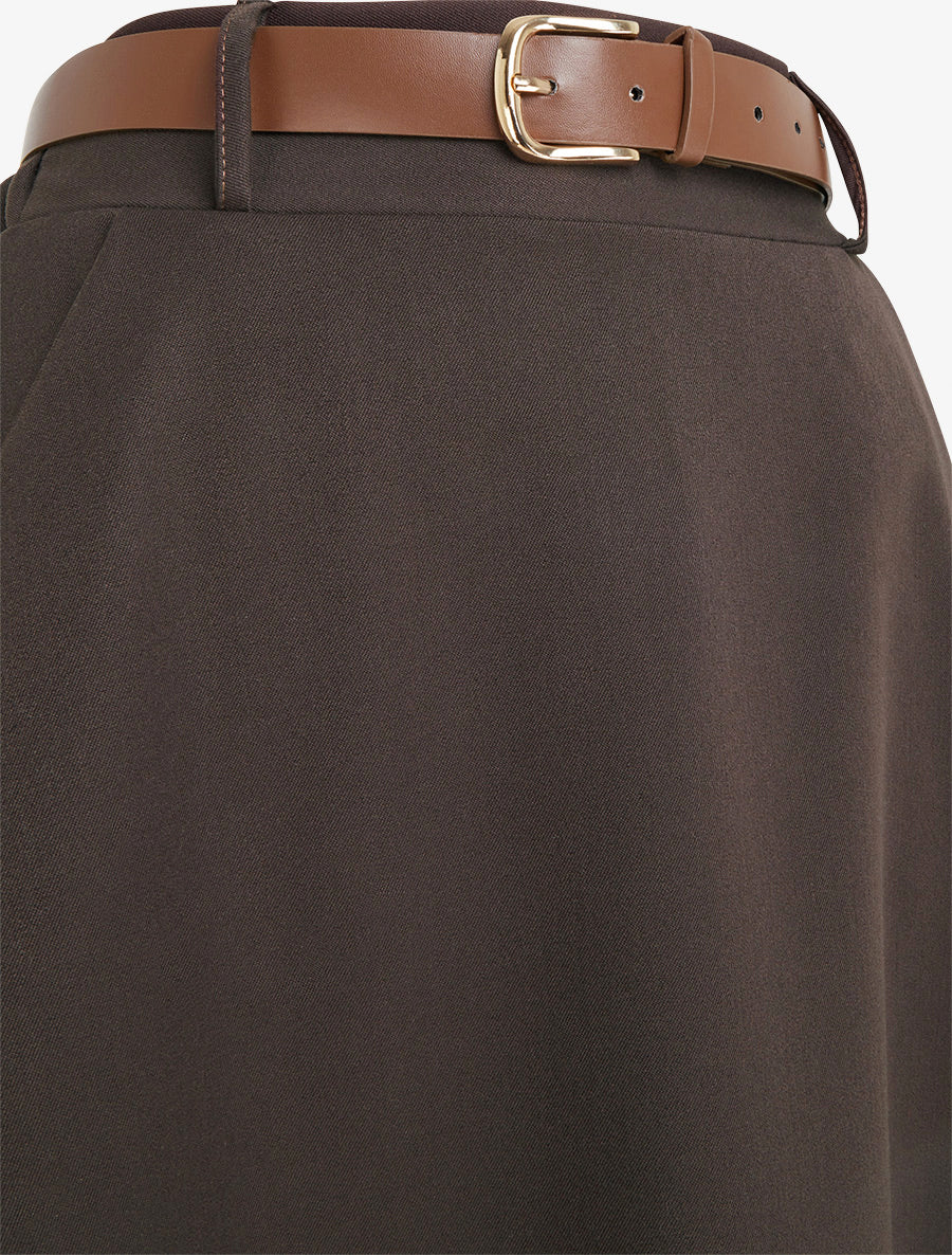 Jupe mi-longue unie ceinturée - Marron - 3