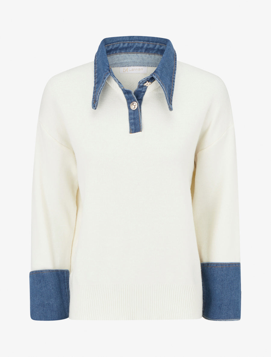 Pull uni à empiècement denim - Blanc - 1