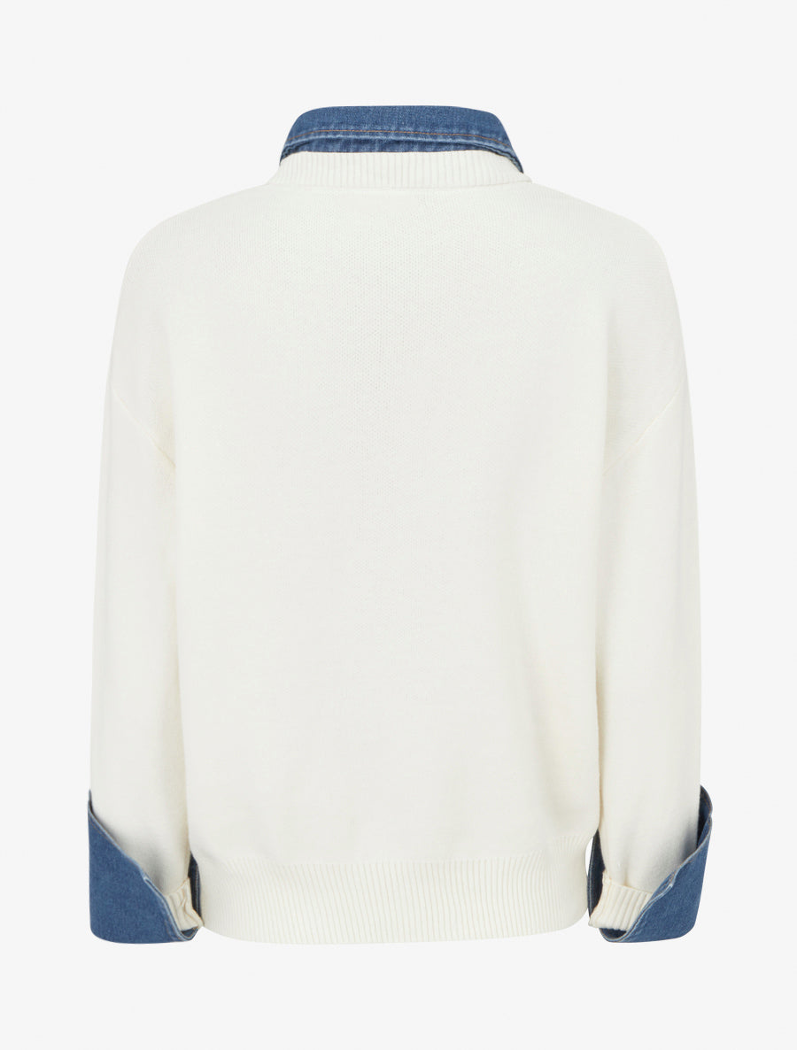 Pull uni à empiècement denim - Blanc - 2