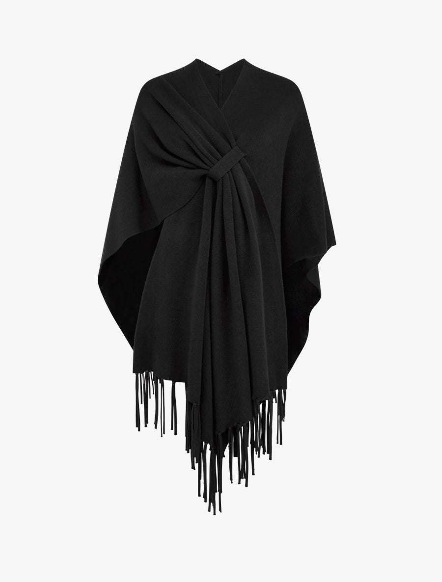 Poncho long uni à franges - Noir - 1