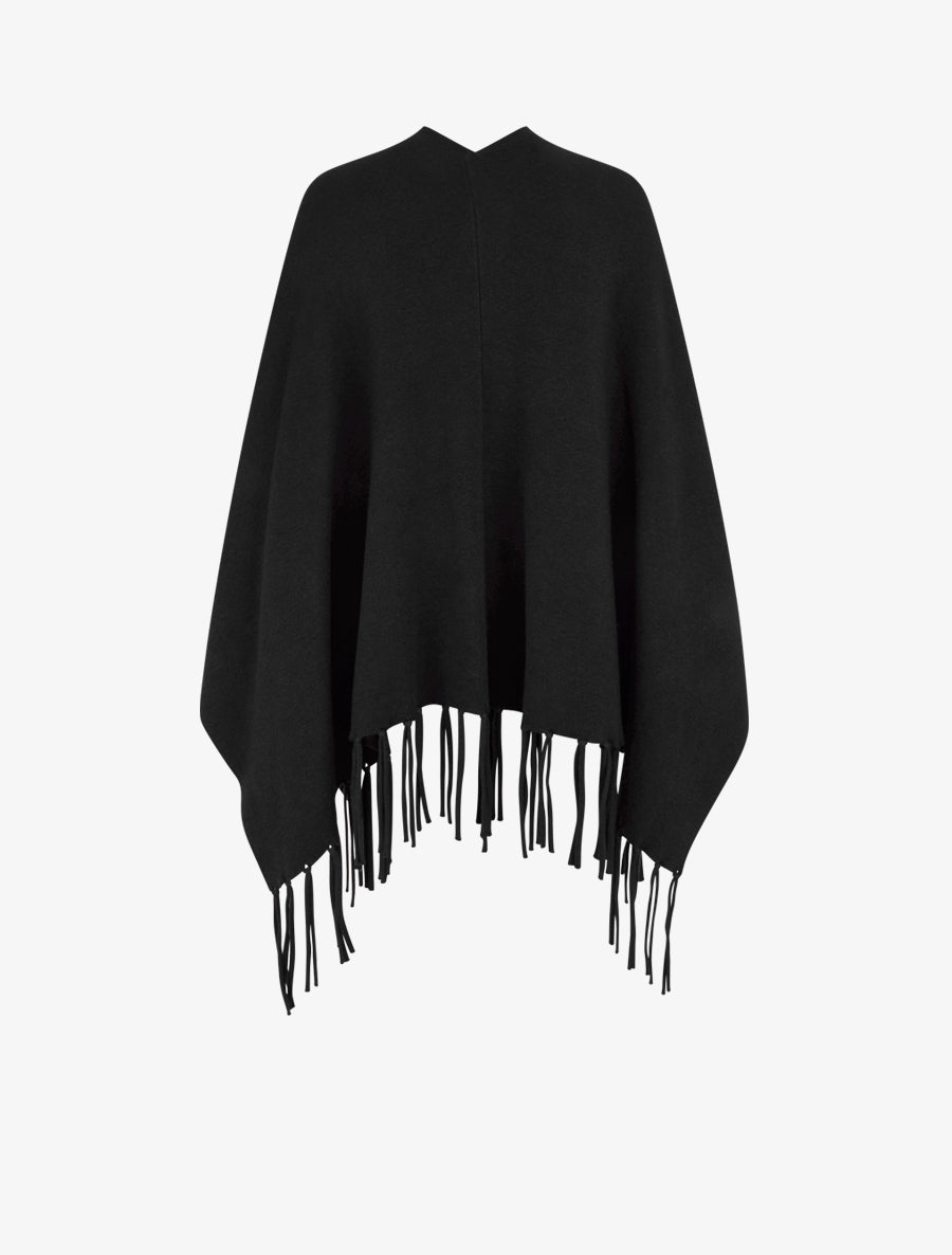 Poncho long uni à franges - Noir - 2