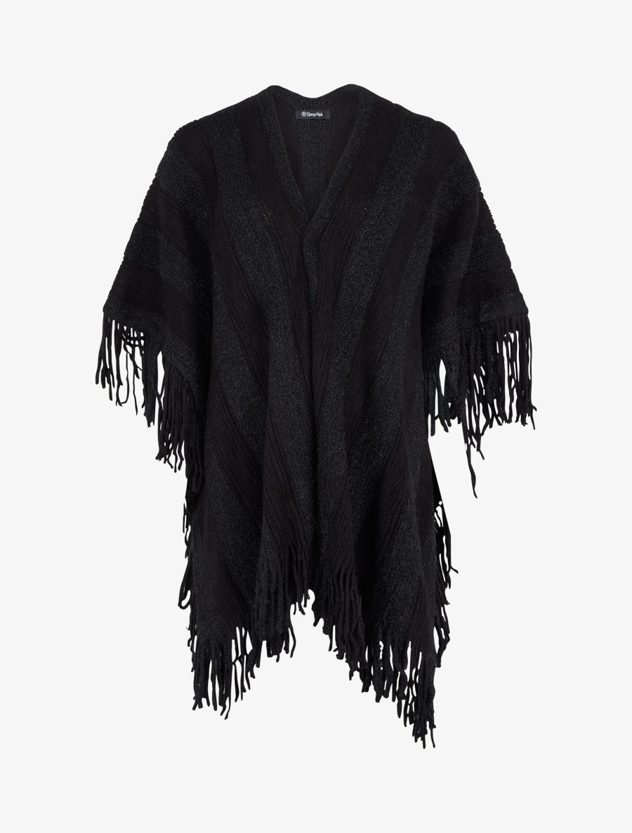 Poncho mi-long uni à franges - Noir - 1