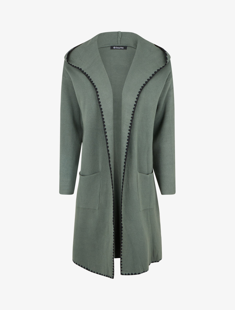 Gilet long à capuche et liseré brodé - Kaki - 1