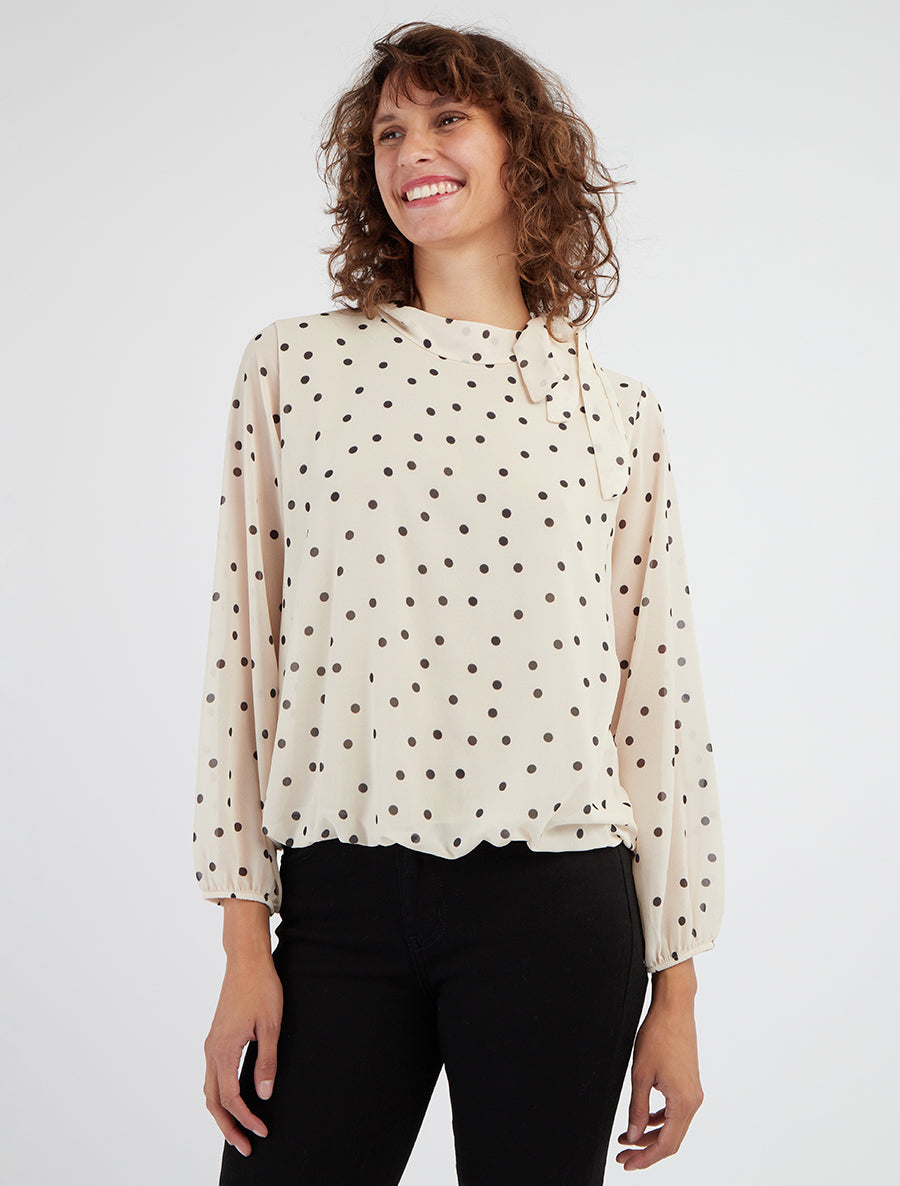 Top a pois con colletto lavallière - Beige