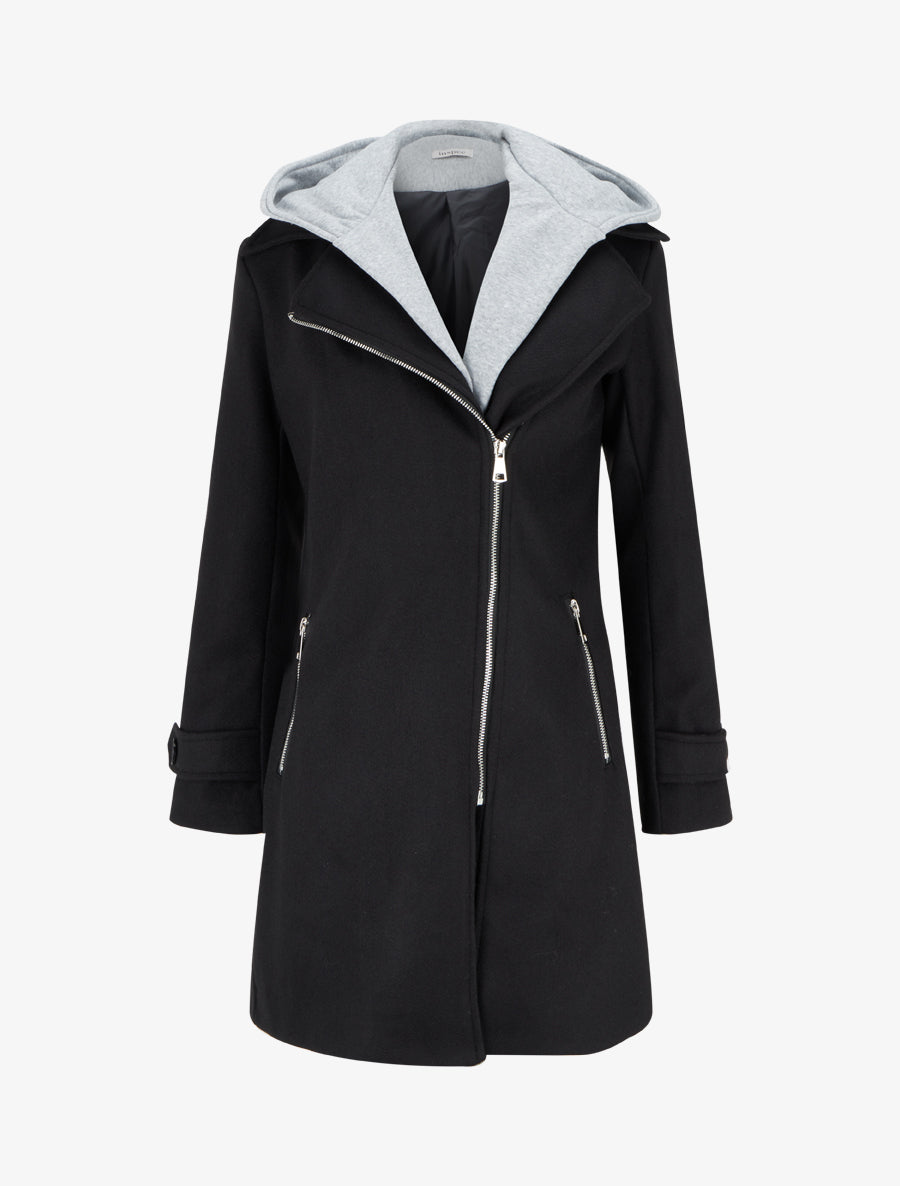 Manteau zippé à capuche en sweat - Noir - 1