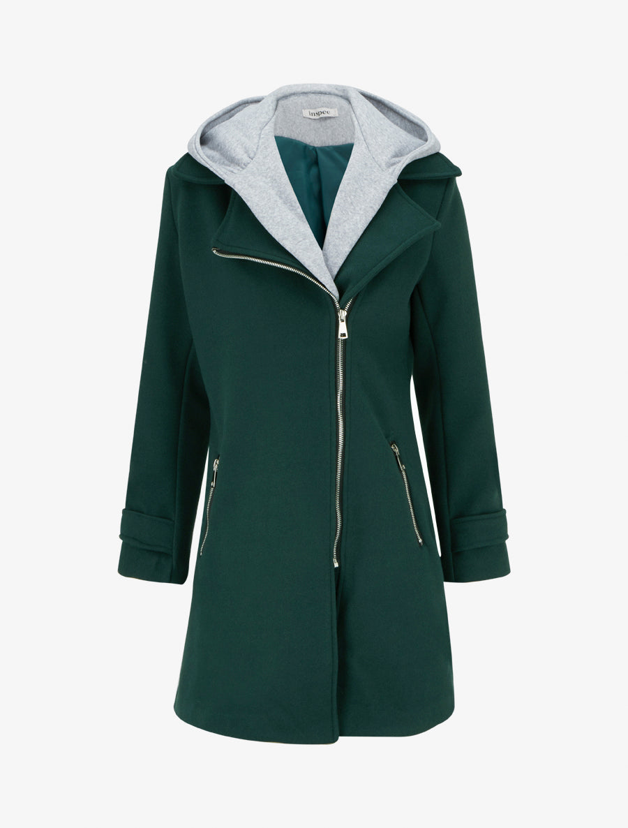 Manteau zippé à capuche en sweat - Vert sapin - 1