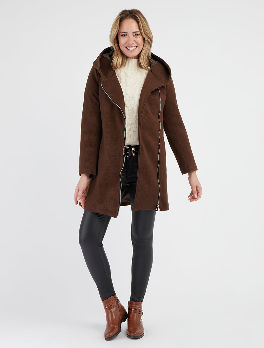 Cappotto con cappuccio e inserti in similpelle - Marrone