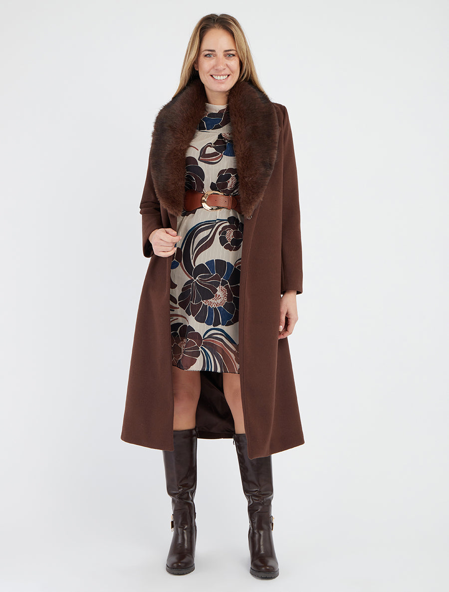 Cappotto lungo con colletto in pelliccia sintetica - Marrone