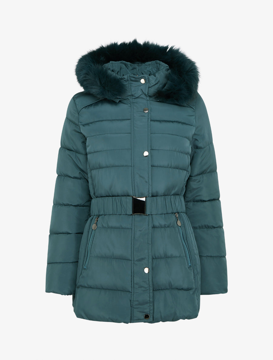 Doudoune ceinturée à capuche en fourrure synthétique - Bleu canard - 1