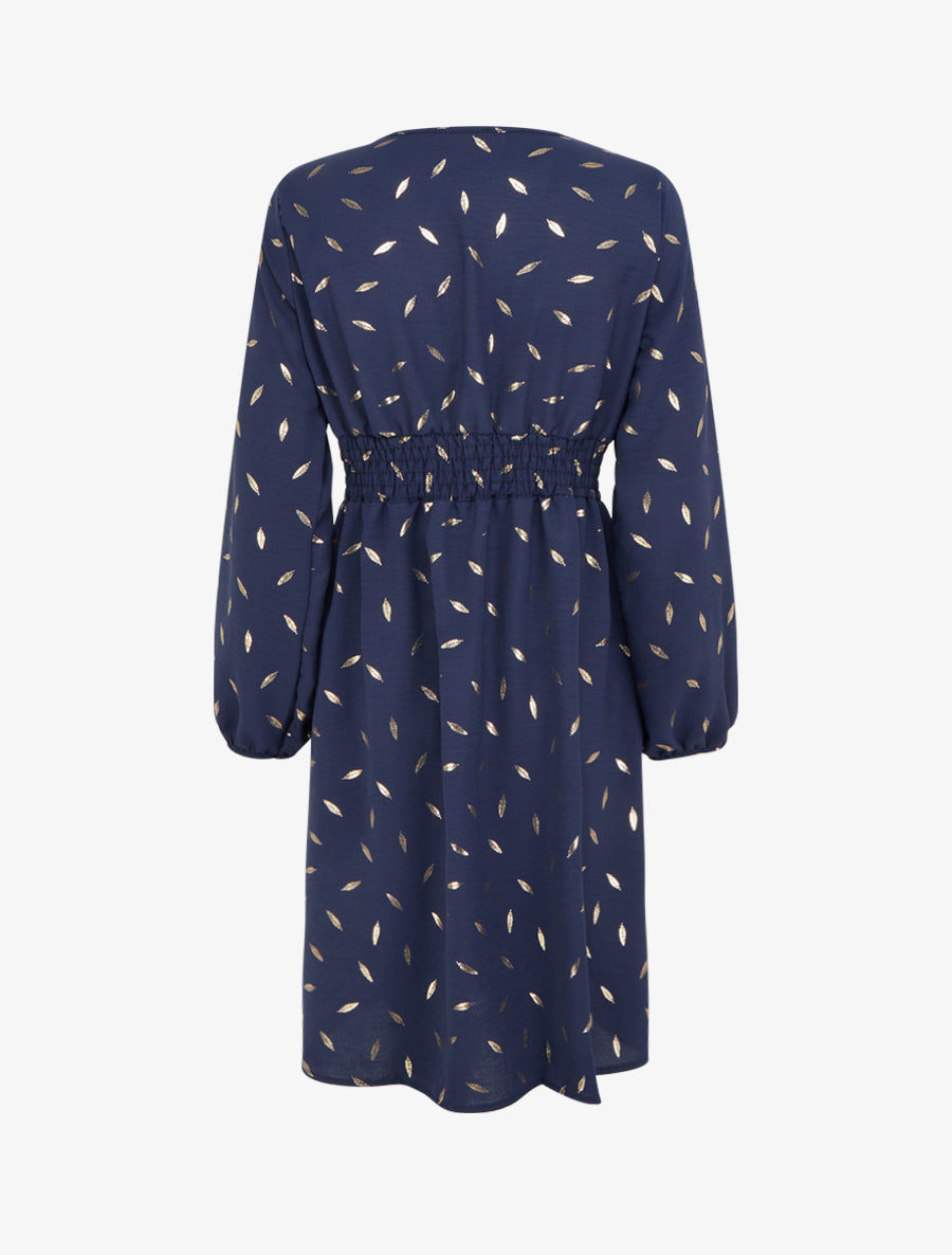 Robe évasée à imprimé plumes dorées - Marine - 2