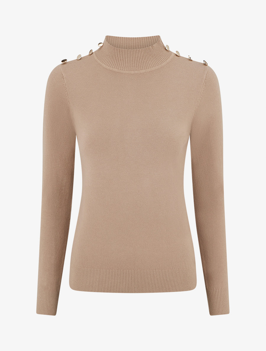 Maglia aderente con collo alto e bottoni. - Beige
