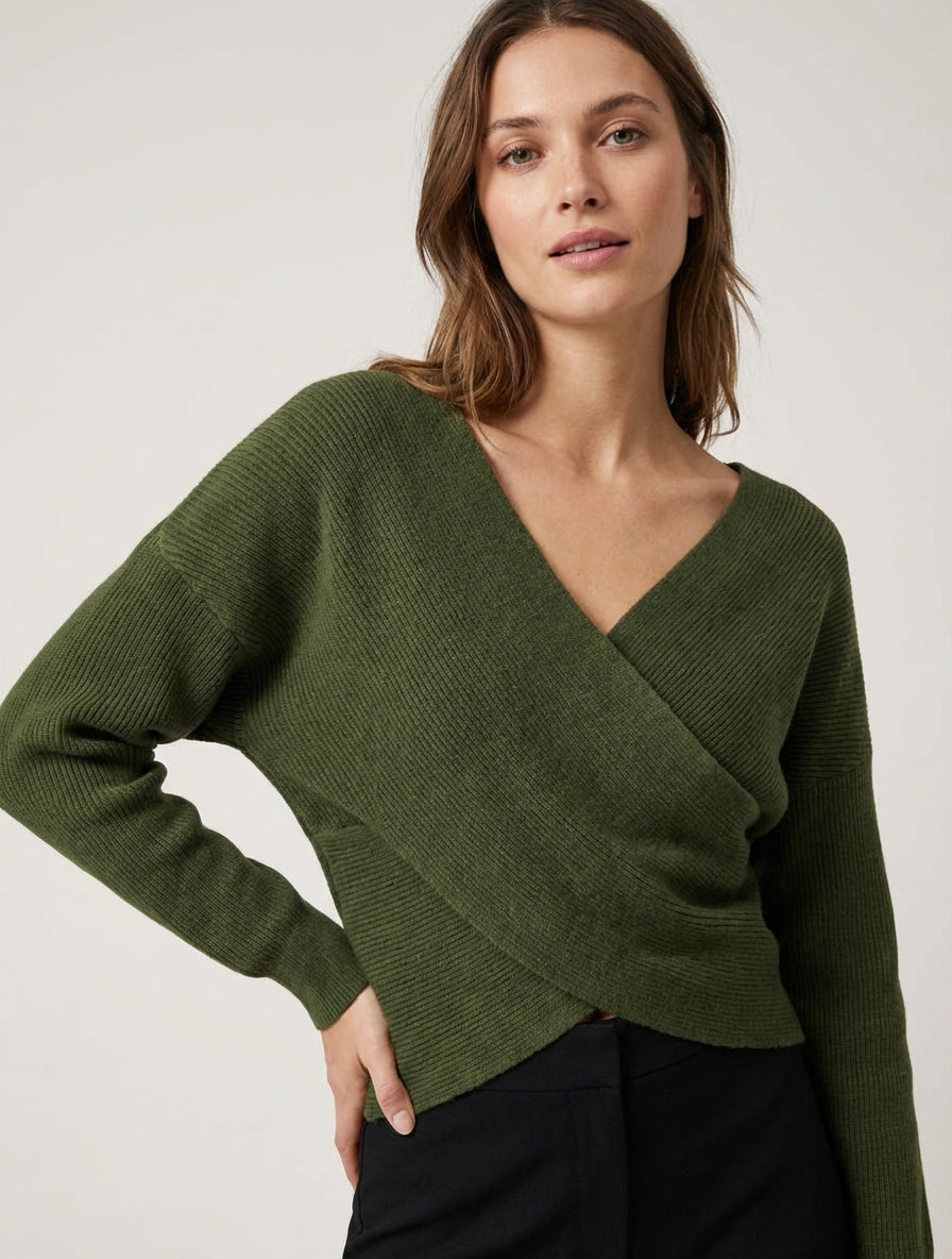 Maglione corto con scollo a portafoglio - Cachi