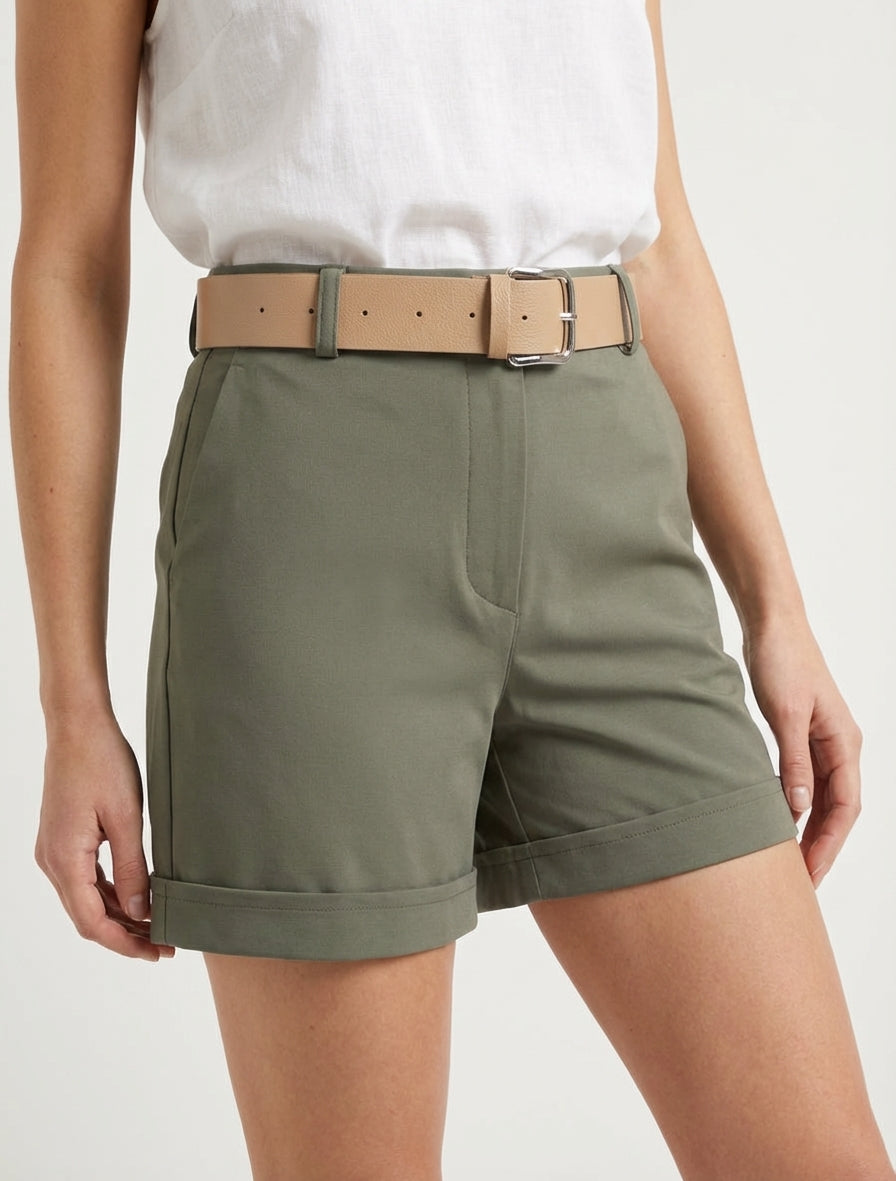 Short con cintura e risvolti - Cachi