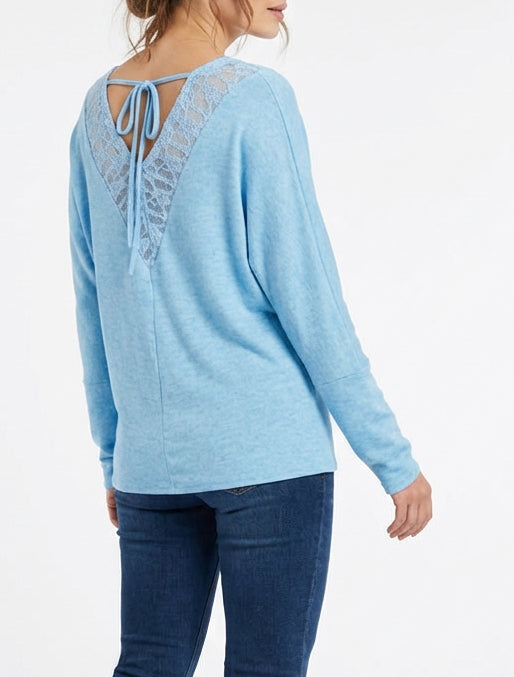 Maglia sottile unita con inserto in pizzo sul retro - Azzurro cielo