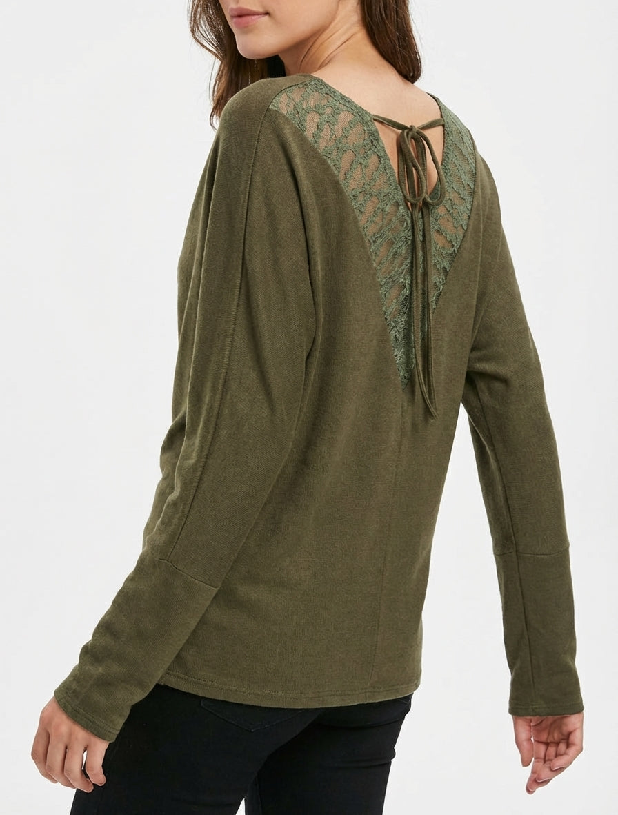 Maglia sottile unita con inserto in pizzo sul retro - Cachi